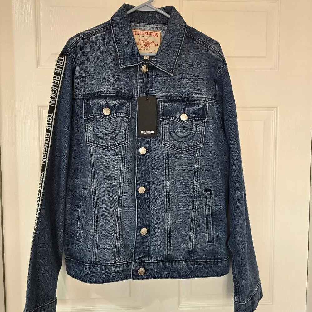 True‎ Religion Men's Logo Taping Denim SN Jacket Tide Wash Color Size Large NWT